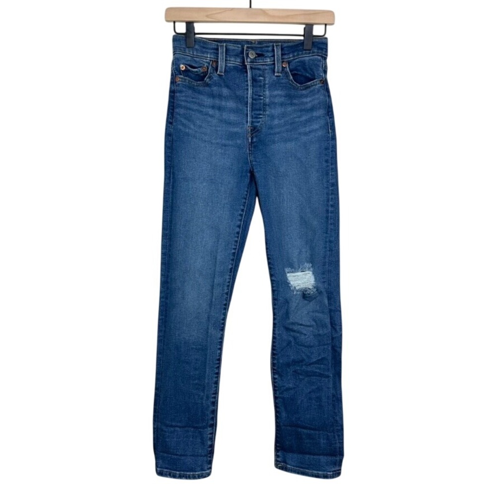 Levis Wedgie Straight Jeans 26 Medium Wash Distressed High Rise 34964-0151